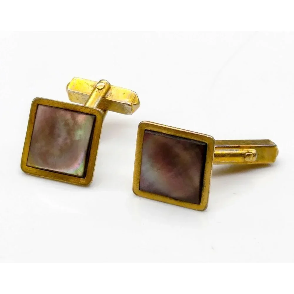 Gold Plated Swank Abalone Cuff Links, Vintage Mens Accessory, 1940s MOP Cufflink
